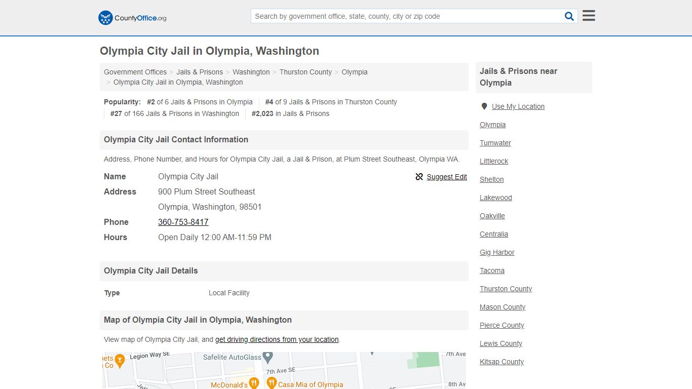 Olympia City Jail - Olympia, WA (Address, Phone, and Hours)